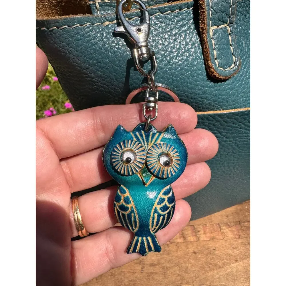 Genuine Leather Small Blue Owl Purse Charm Hand Painted Barn Owl Bag Charm